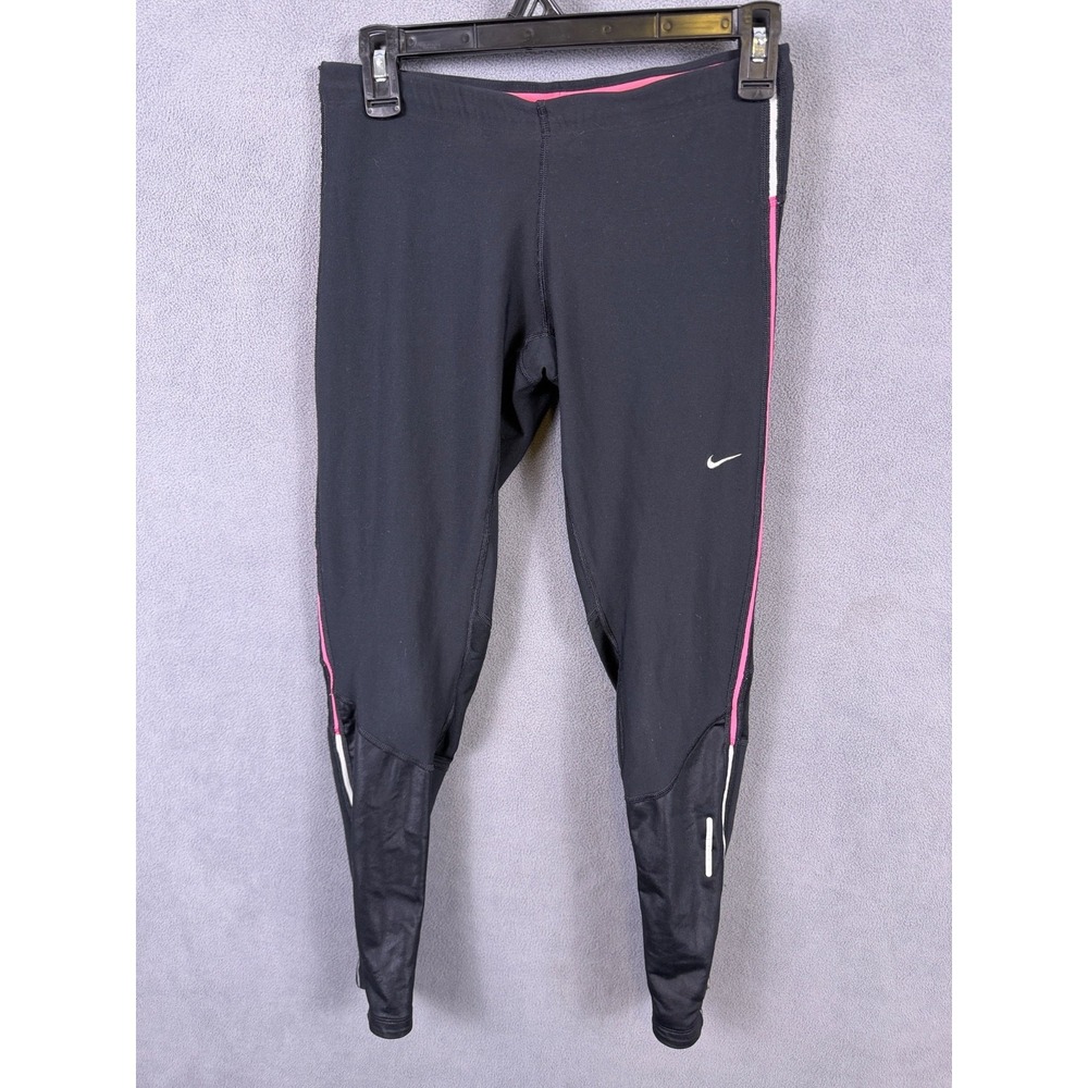 NIKE Womens Running Dri-Fit Leggings Pants Back pocket Reflect sz‎ M Black